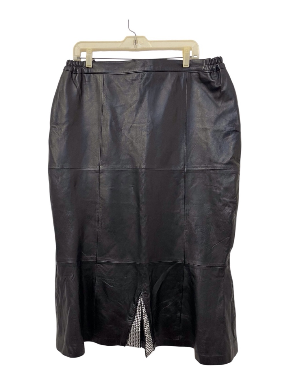 Women's Black Genuine Leather Midi Skirt with Front Slit, 2XL